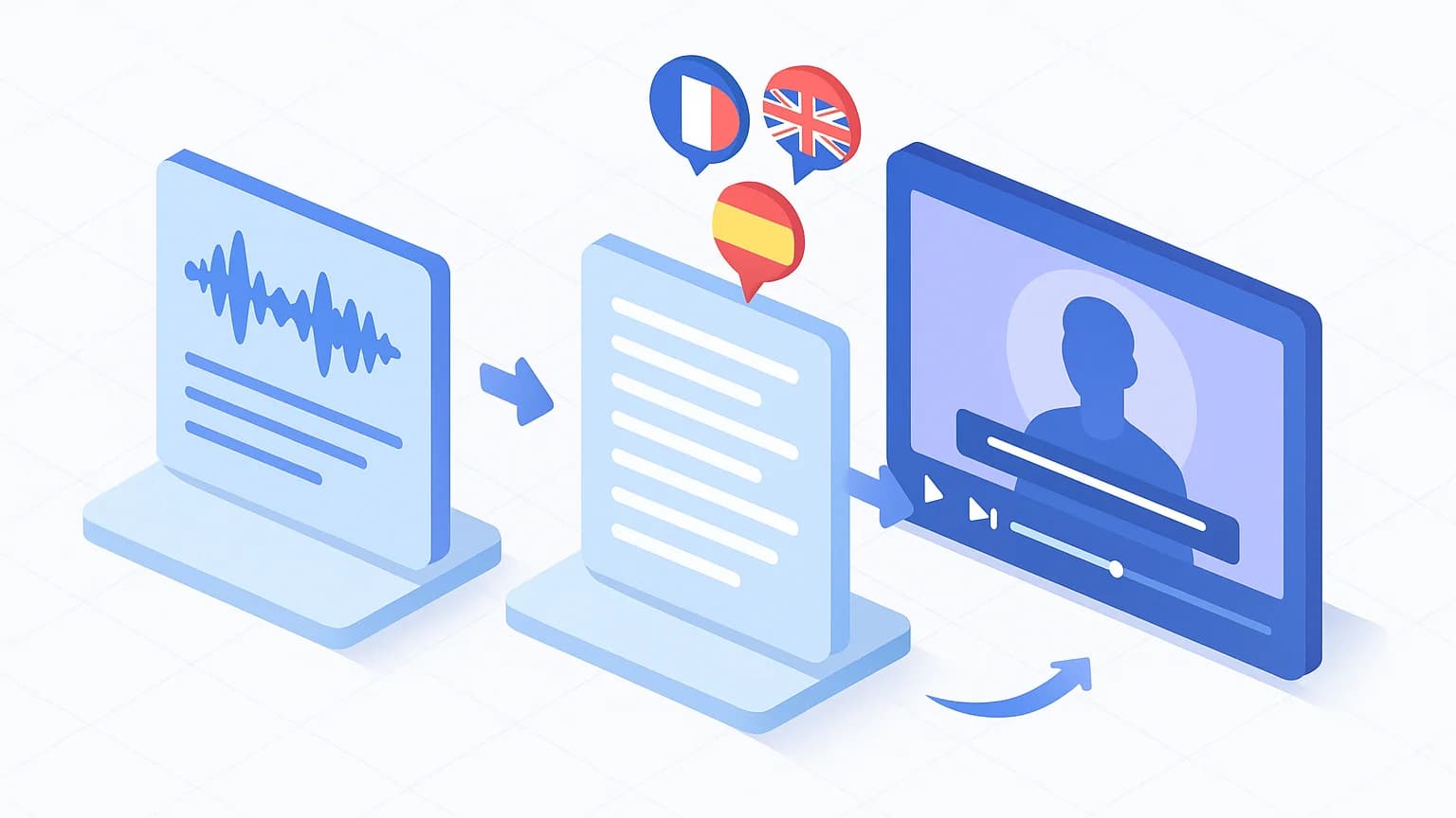 Pipeline de traduction automatique de sous-titres vidéo en trois étapes : transcription IA, traduction multilingue et synchronisation