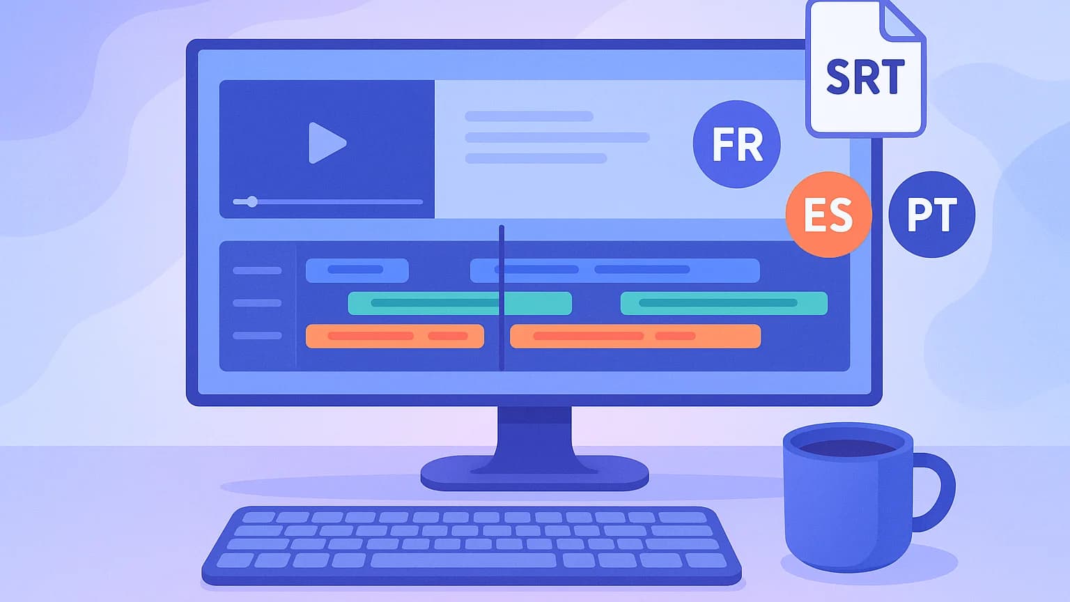 Espace de travail d'un créateur de contenu avec une timeline d'édition vidéo affichant des sous-titres multilingues