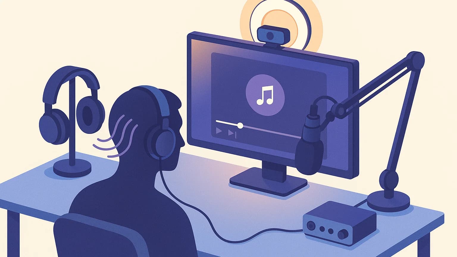 Isometric music reaction video studio setup with closed-back headphones, boom arm microphone and audio interface