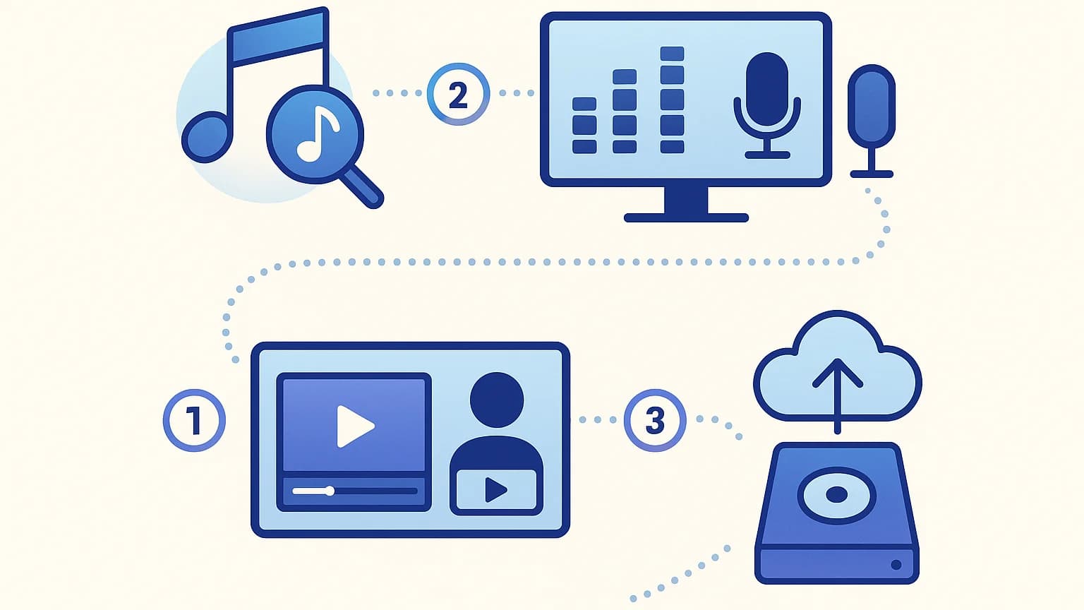 4-step workflow for recording a music reaction video: song selection, technical setup, recording and backup